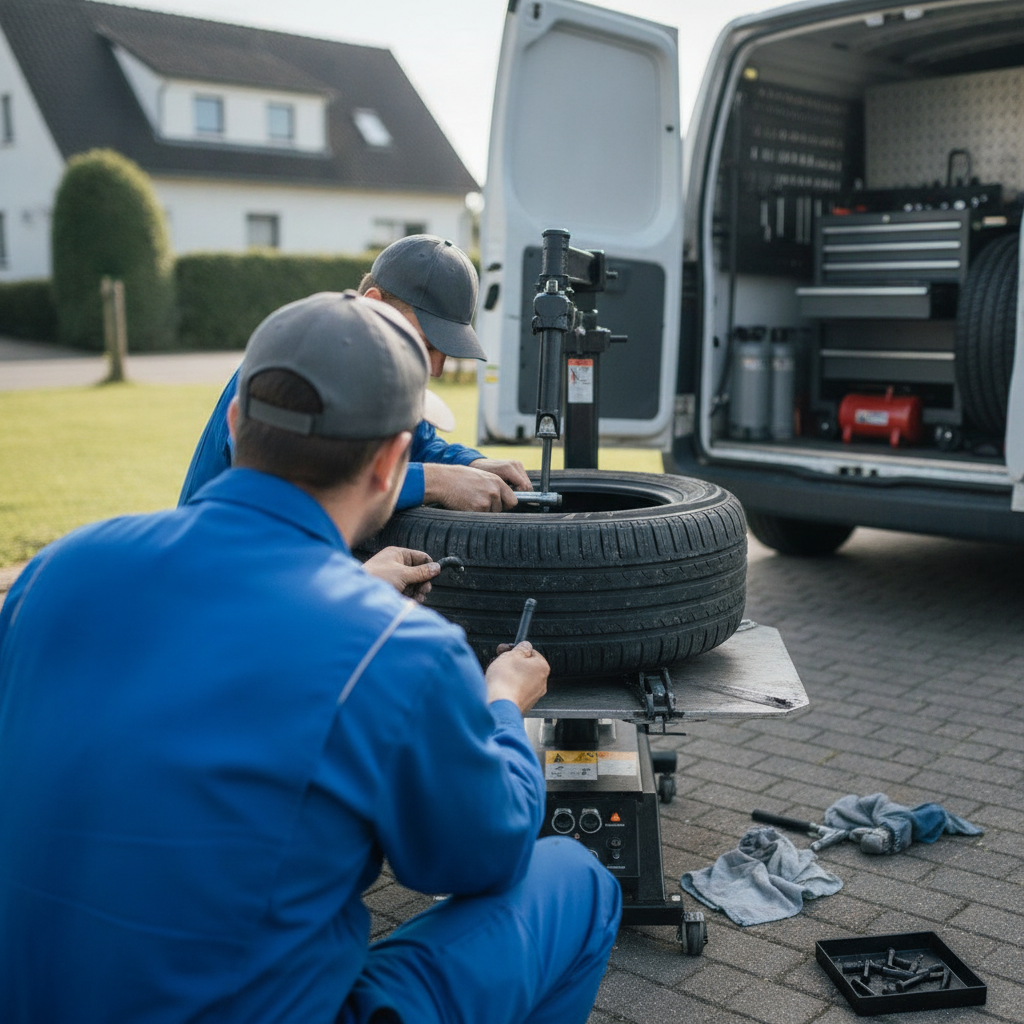 Create a realistic, professional service-business photograph showing Tire Valve Replacement from behind, with the backs of their heads visible. Do not show any faces, facial features, front-facing views or side views, profiles, or identifia