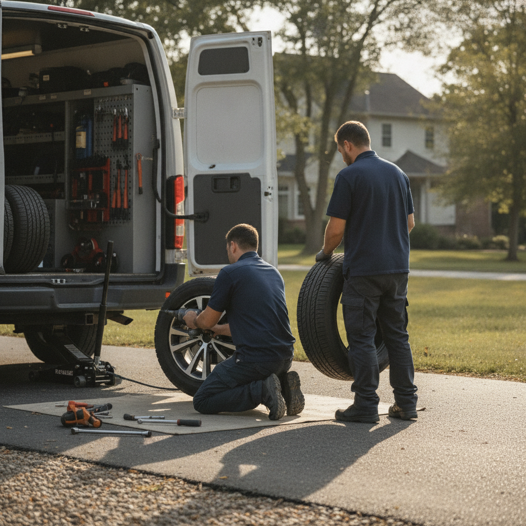 Create a realistic, professional service-business photograph showing Tire Installation from behind, with the backs of their heads visible. Do not show any faces, facial features, front-facing views or side views, profiles, or identifiable p
